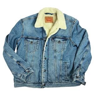 Levi's Denim Sherpa Lined Blue Trucker Jacket Snaps Quilted Sleeve Large Western